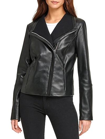 Shop Dkny Women's Asymmetric Leather Jacket In Black