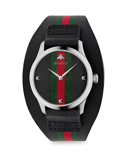 Shop Gucci G-timeless Striped Leather-strap Watch