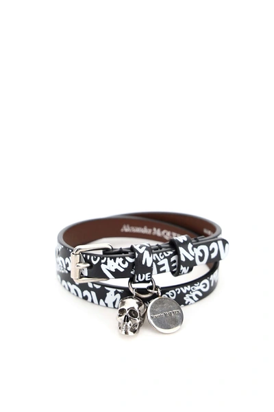 Shop Alexander Mcqueen Pionier Double Wrap Bracelet With Logo In Black White (black)