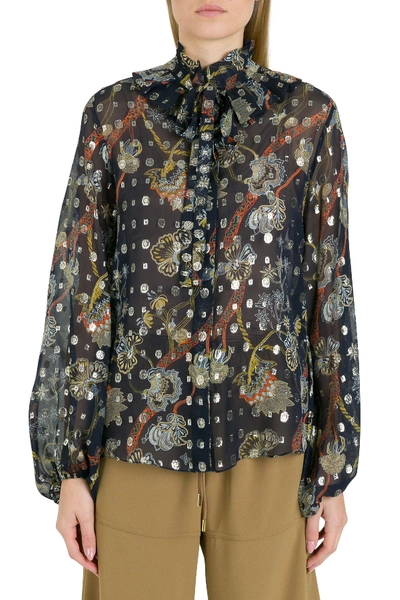 Shop Chloé Georgette Shirt Woth Embroideries And Print In Blu