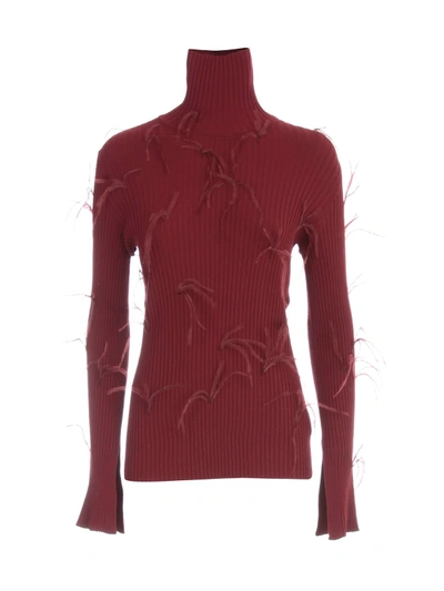 Shop Marques' Almeida Light Weight Feather Turtleneck Jumper With Flared Sleeves In Burgundy