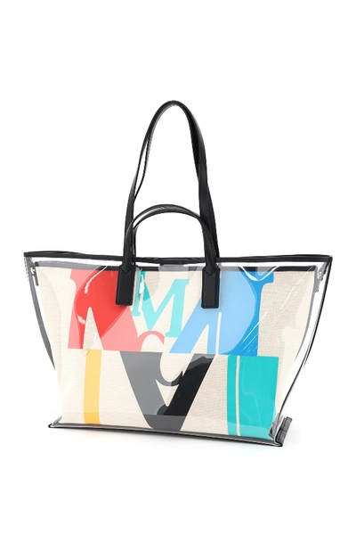 Shop Mcm Medium Tpu And Canvas Tote Bag With Logo In Multi (black)