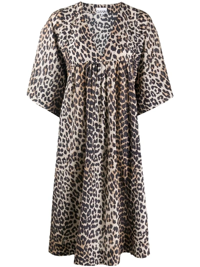Shop Ganni Leopard Print Smock Dress In Black