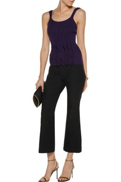 Shop Valentino Ruffled Ribbed Wool, Silk And Cashmere-blend Tank In Dark Purple