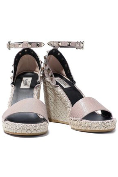 Shop Valentino Rockstud Pebbled-leather Espadrille Wedge Sandals In Lilac