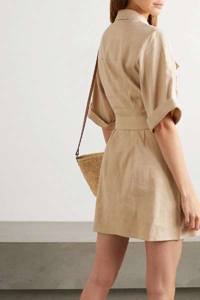 Shop Anna Quan Robbie Belted Linen-blend Mini Shirt Dress In Sand