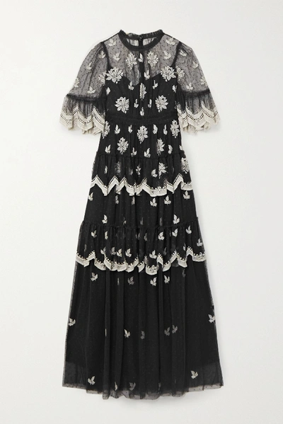 Shop Needle & Thread Amber Petal Tiered Embroidered Swiss-dot Tulle Gown In Black