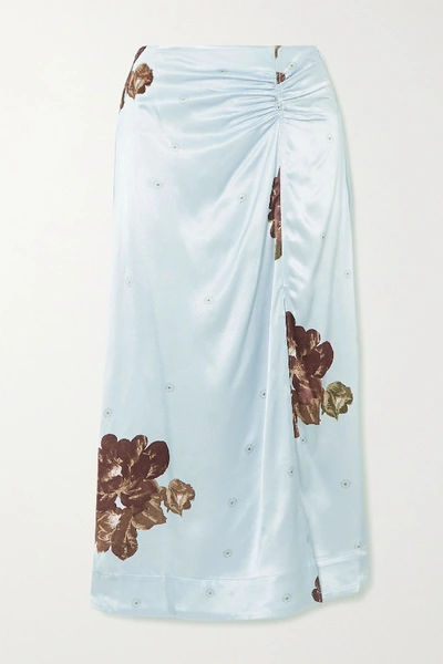 Shop Ganni Floral-print Ruched Satin Midi Skirt In Light Blue