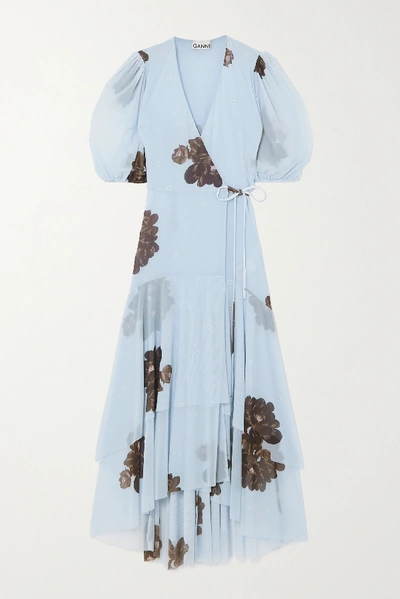 Shop Ganni Floral-print Stretch-mesh Wrap Midi Dress In Light Blue