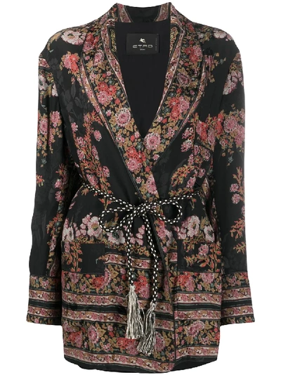 Shop Etro Floral Print Tie Waist Blazer In Black