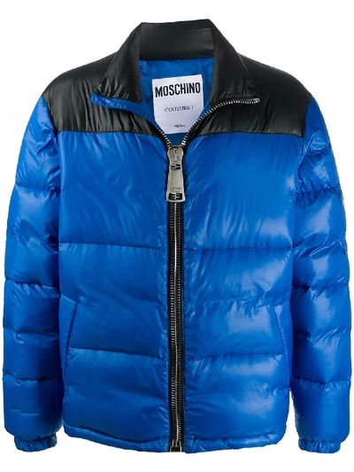 Shop Moschino Logo Padded Oversize Zip Jacket In Blue
