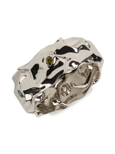 Shop Alexis Bittar Multi-stone Studded Crumpled Metal Hinge Bracelet In Silver
