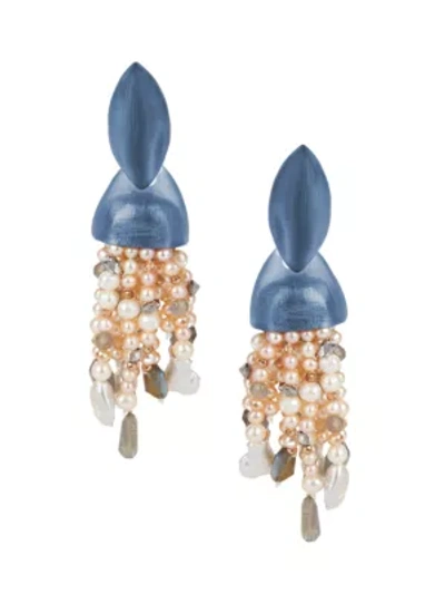 Shop Alexis Bittar Faux-pearl & Crystal Lucite Waterfall Clip-on Earrings In Sea Blue