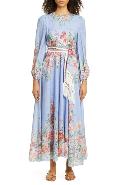 Shop Zimmermann Bellitude Long Sleeve Linen Maxi Dress In Cornflower Floral