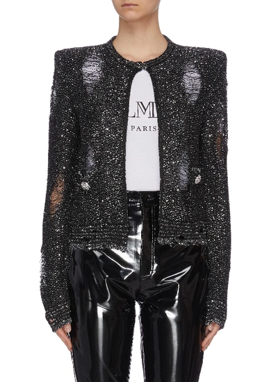 Shop Balmain Distressed Collarless Sequin Jacket In Black