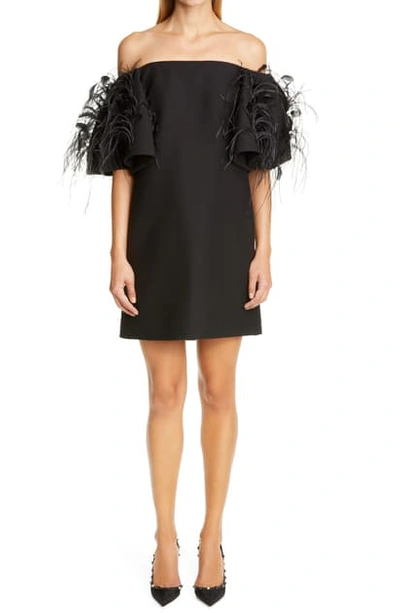 Shop Valentino Feather Sleeve Off The Shoulder Minidress In Nero