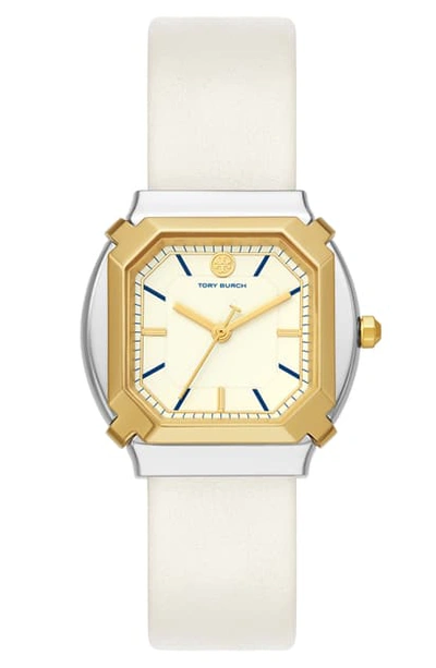 Shop Tory Burch The Blake Leather Strap Watch, 34mm In White/ Gold/ Silver