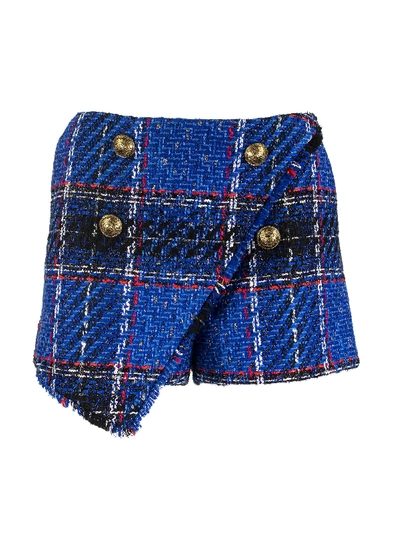 Shop Balmain Asymmetrical Tartan Tweed Shorts In Blue