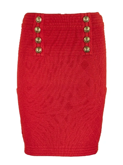 Shop Balmain High-waisted Double-buttoned Red Knit Skirt