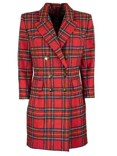 Shop Balmain Short Dress In Red Plaid Wool With Long Sleeves