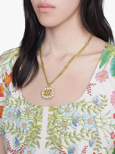 Shop Gucci Pearl-embellished Double G Charm Necklace In Gold