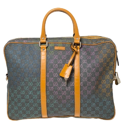 Pre-owned Gucci Grey/tan Gg Supreme Canvas And Leather Briefcase