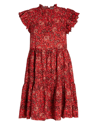 Shop Ulla Johnson Hana Floral High-neck Dress In Red