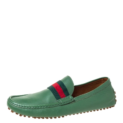 Pre-owned Gucci Green Leather Web Trim Loafers Size 45.5