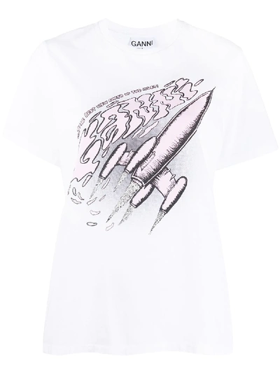 Shop Ganni Rocket Print T-shirt In White