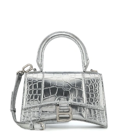 Balenciaga Hourglass Small Crocodile Embossed Leather Bag in Gray