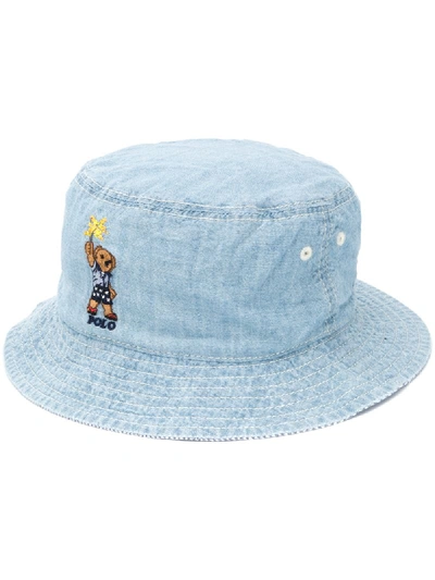 Shop Ralph Lauren Embroidered Bear Sun Hat In Blue