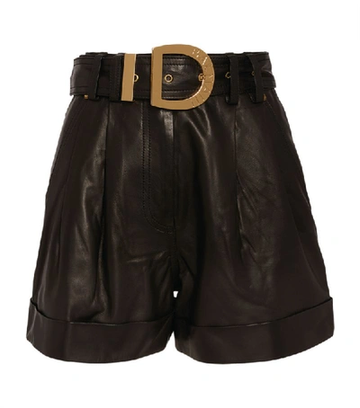 Shop Balmain Leather High-waist Belted Shorts