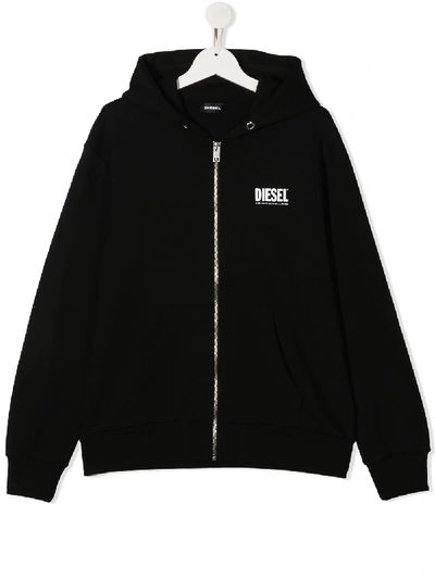 Shop Diesel Teen Logo Print Zipped Hooded Jacket In Black