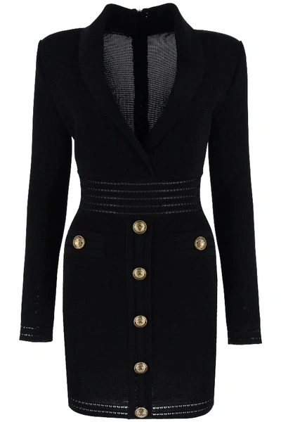 Shop Balmain Knit Mini Dress With Buttons In Black,gold