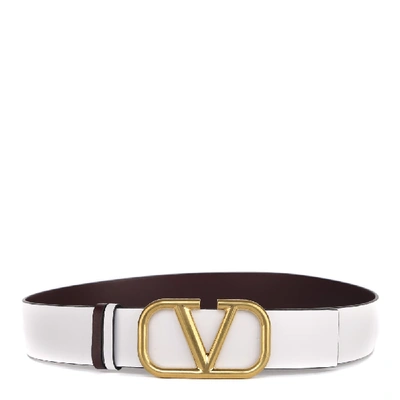Shop Valentino Vlogo Metal Plaque Reversible Leather Belt In White/burgundy