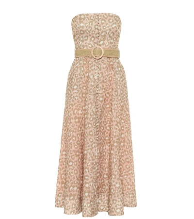 Shop Zimmermann Carnaby Belted Linen Midi Dress In Pink