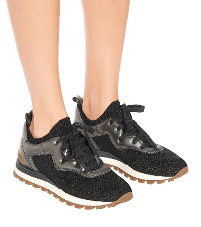 Shop Brunello Cucinelli Knit And Leather Sneakers In Black