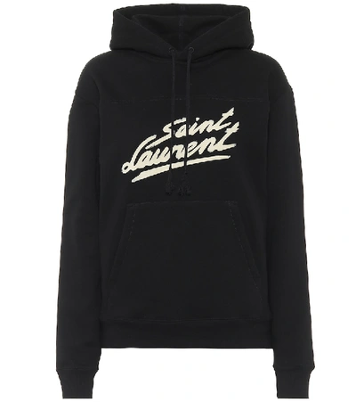 Shop Saint Laurent Logo Cotton-jersey Hoodie In Black