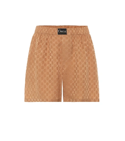 Shop Gucci Silk-crêpe Gg-jacquard Shorts In Brown