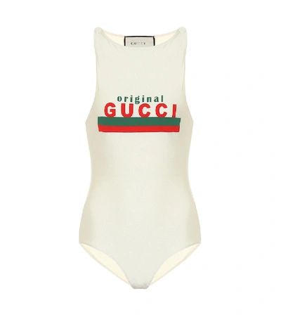 Shop Gucci Logo Swimsuit In White