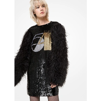 Shop Michael Kors Studio 54 Sequined Silk-georgette Feather-sleeve Shift Dress In Black