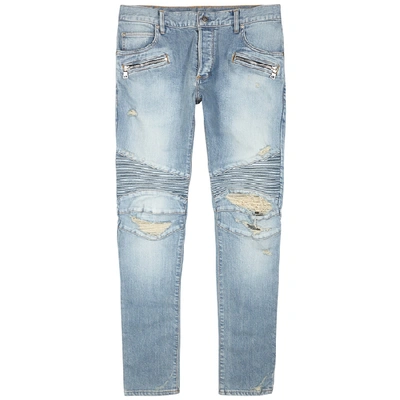 Shop Balmain Light Blue Distressed Slim-leg Jeans In Denim