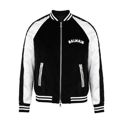 Shop Balmain Monochrome Logo-appliquéd Velvet Bomber Jacket In Black And White