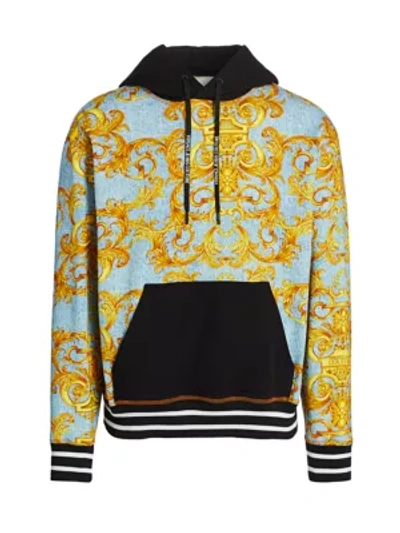 Shop Versace Jeans Couture Denim Baroque Logo Hoodie In Blue Gold