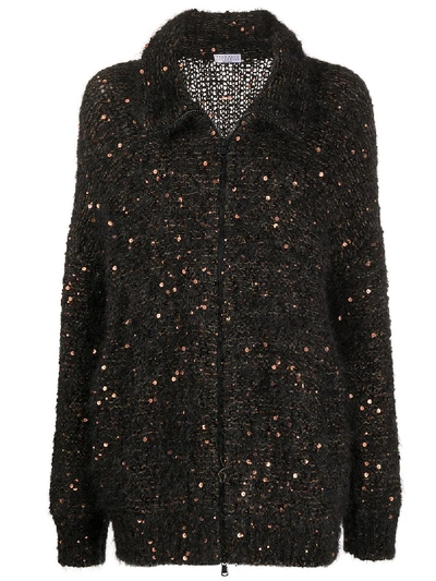 Shop Brunello Cucinelli Sequin Knit Zip Cardigan In Black