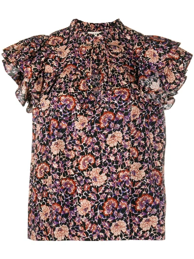 Shop Ulla Johnson Floral Ruffle-sleeve Blouse In Blue