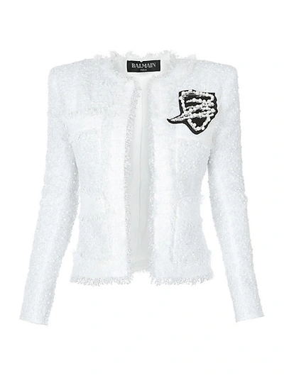 Shop Balmain Embellished Tweed Jacket In White