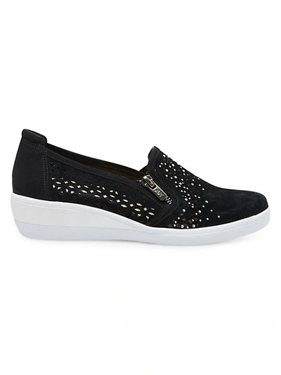 Shop Anne Klein Akbois Perforated Leather Slip-on Wedge Sneakers In Black