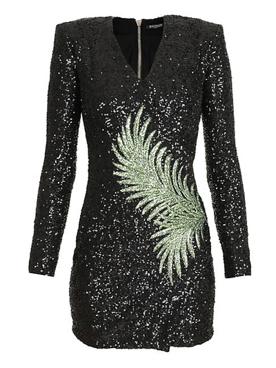 Shop Balmain Embroidered Palm Leaf Sequin Dress In Black