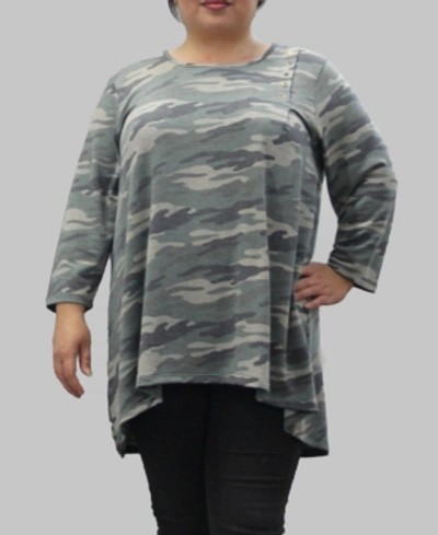 Shop Coin 1804 Women's Plus Size Camouflage 3/4 Sleeve Button Pleat Front Top In Green Camo